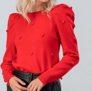 RED PUFFED SLEEVE SWEATER WITH POM POM